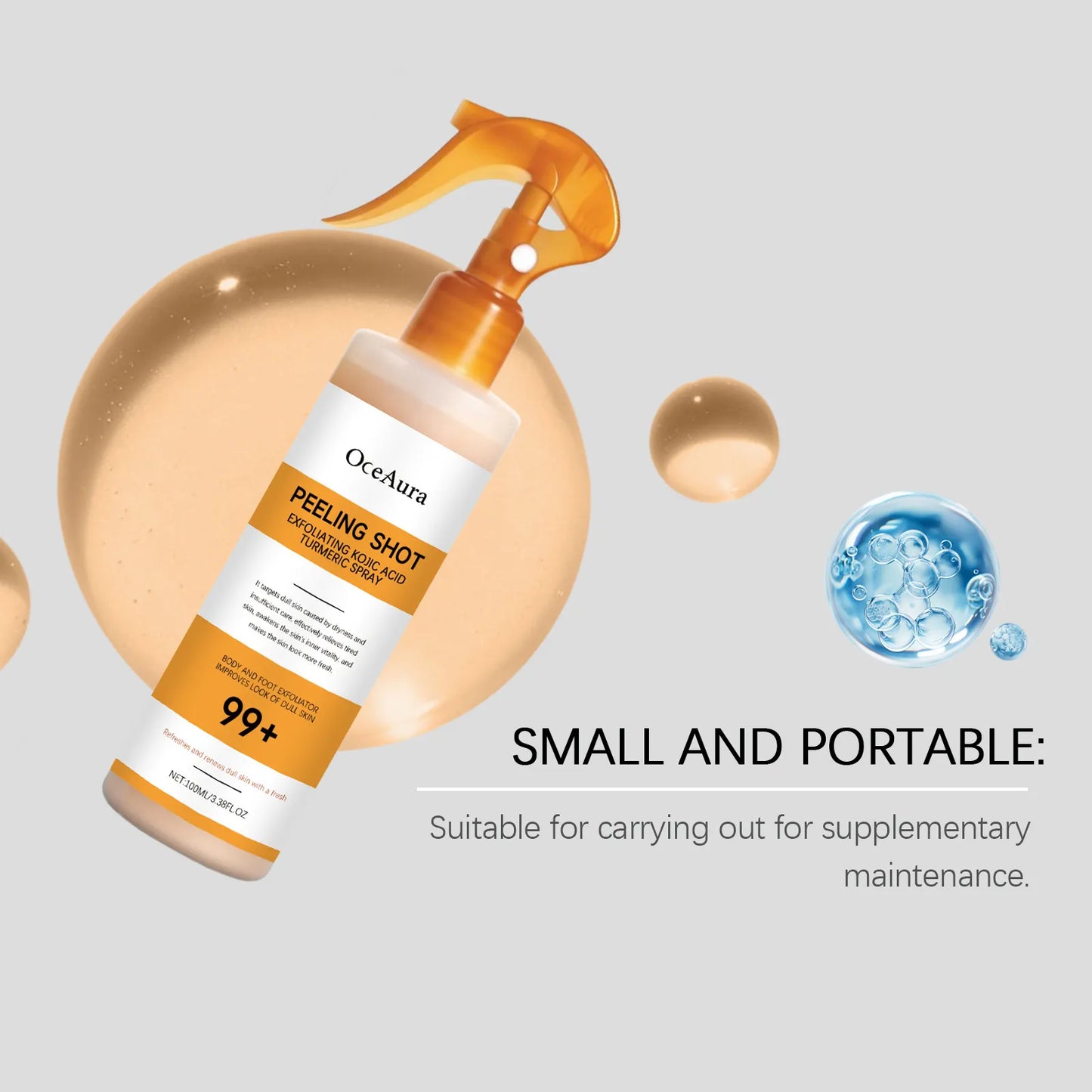 small and portable spray bottle of kojic acid turmeric exfoliating treatment for travel
