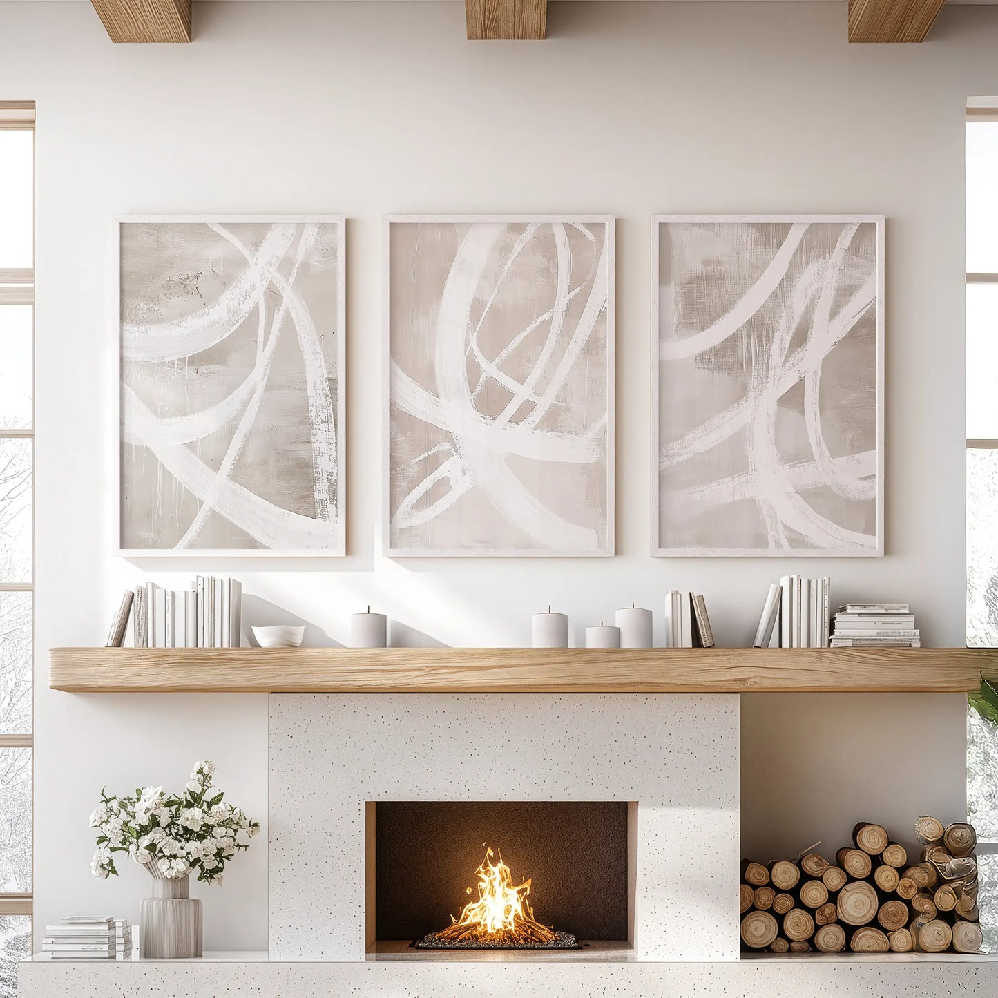 Neutral Abstract Wall Art Set of 3 Brush Stroke Prints