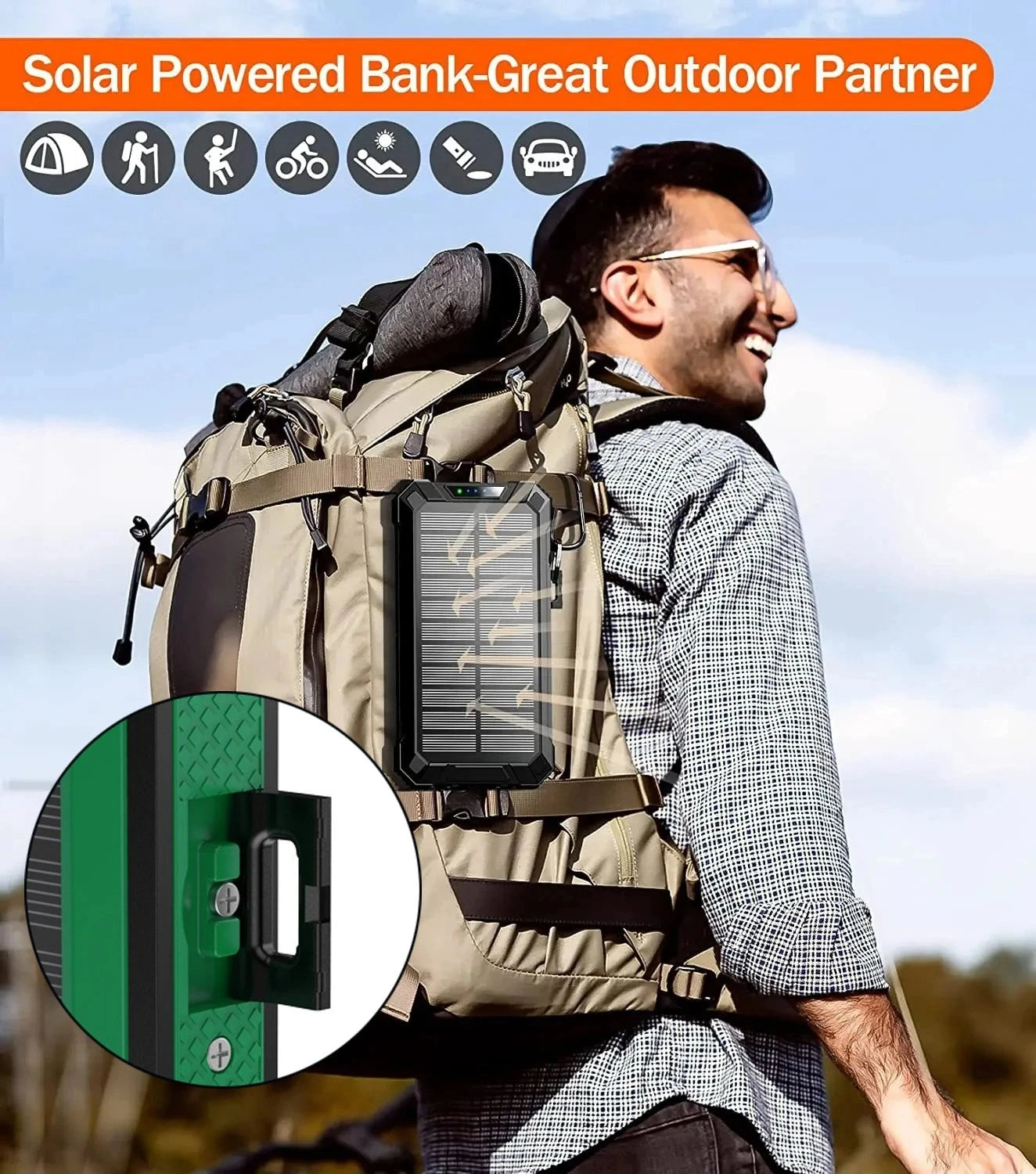 solar charger clipped to backpack for hiking
