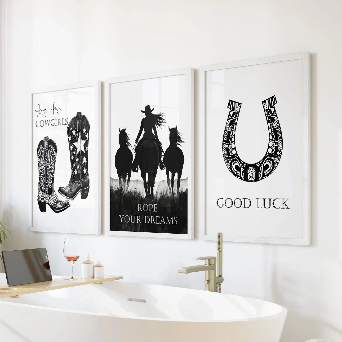 Western Cowgirl Wall Art Set of 3 Black and White Prints