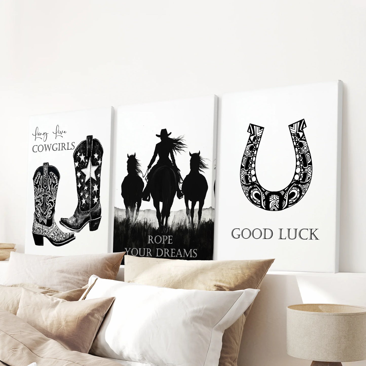 Western Cowgirl Wall Art Set of 3 Black and White Prints