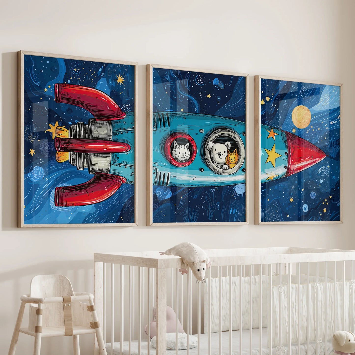 Outer Space Wall Art Set of 3 Rocket and Stars Nursery Prints