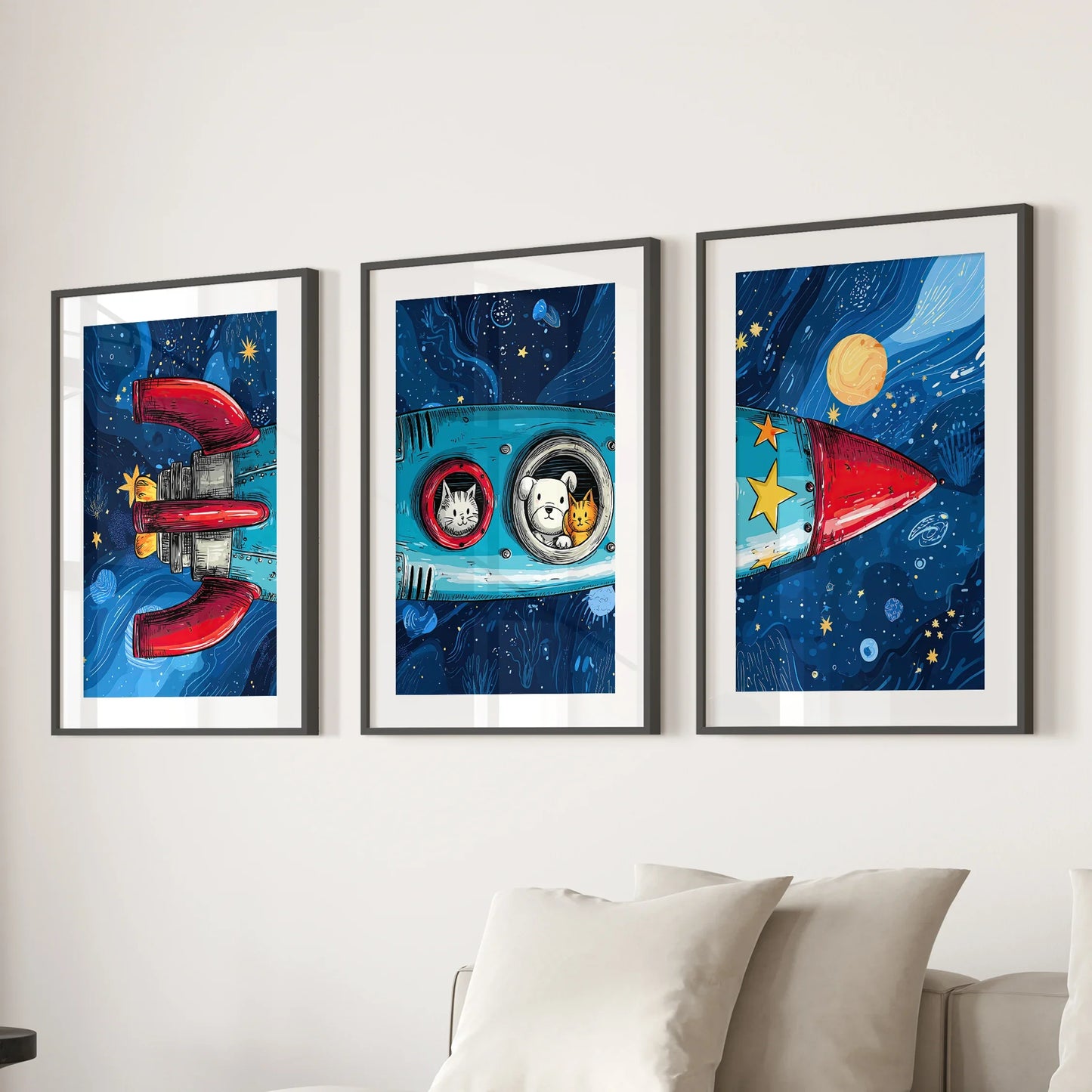 Outer Space Wall Art Set of 3 Rocket and Stars Nursery Prints