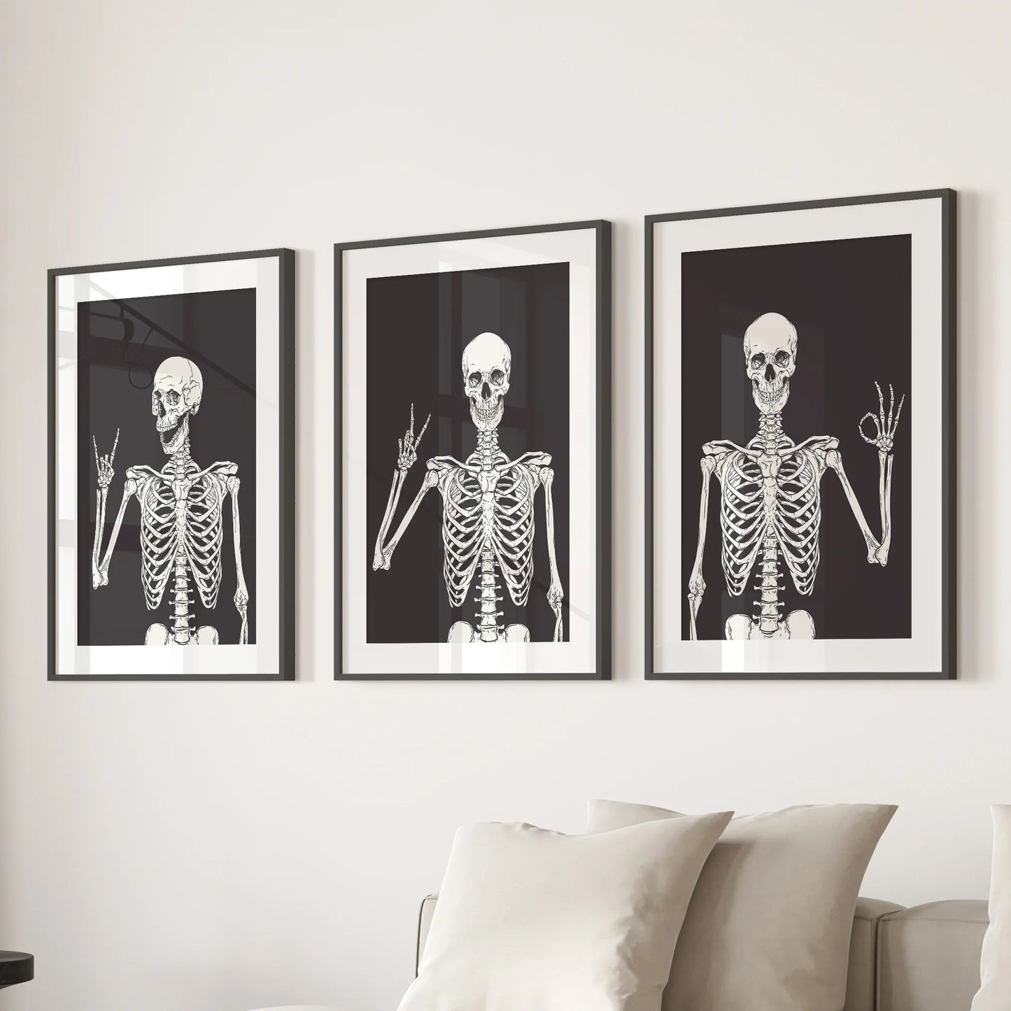 Skeleton Wall Art Set of 3 Black Gothic Prints