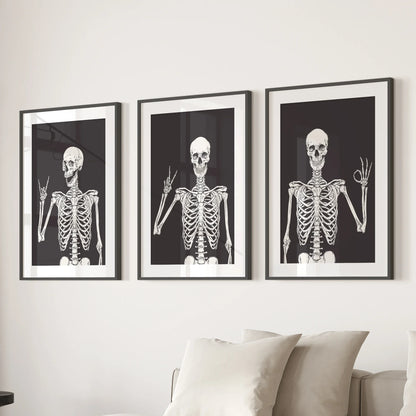 Skeleton Wall Art Set of 3 Black Gothic Prints