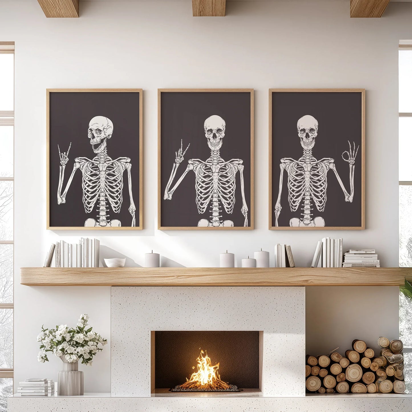 Skeleton Wall Art Set of 3 Black Gothic Prints