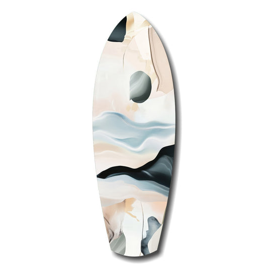 Soft blush, pale blue and black wave layers with a gray stone circle on a surfboard glass panel on white