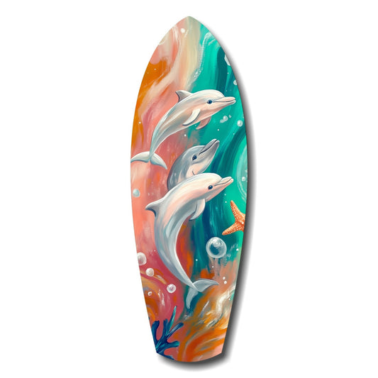 Dolphin family glass wall art in deep ocean blue, printed on high-gloss tempered glass