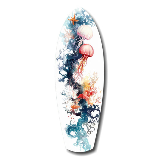 Electric jellyfish panoramic glass wall art, high-contrast marine tones on tempered glass