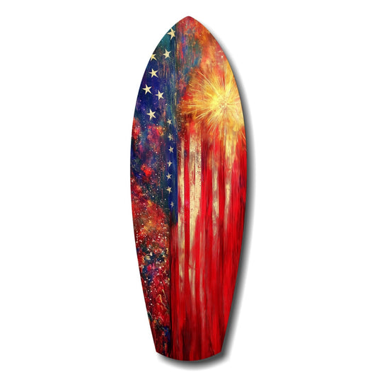 Abstract American flag with red streaks, a starry blue field and a golden firework burst on a surfboard-shaped glass panel