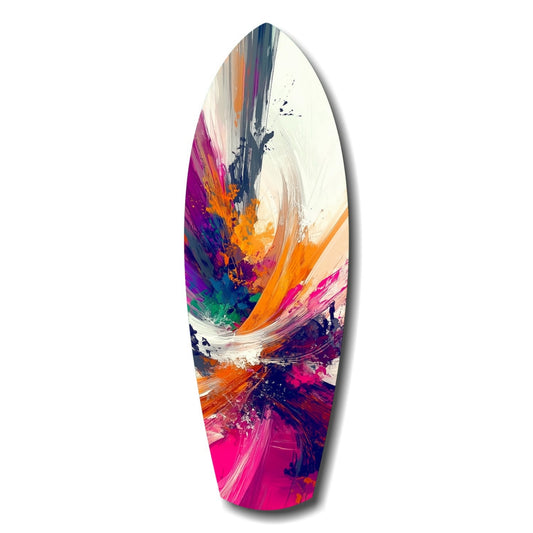Sweeping brushstrokes of magenta, orange, purple and teal on cream, on a surfboard-shaped glass panel, on white