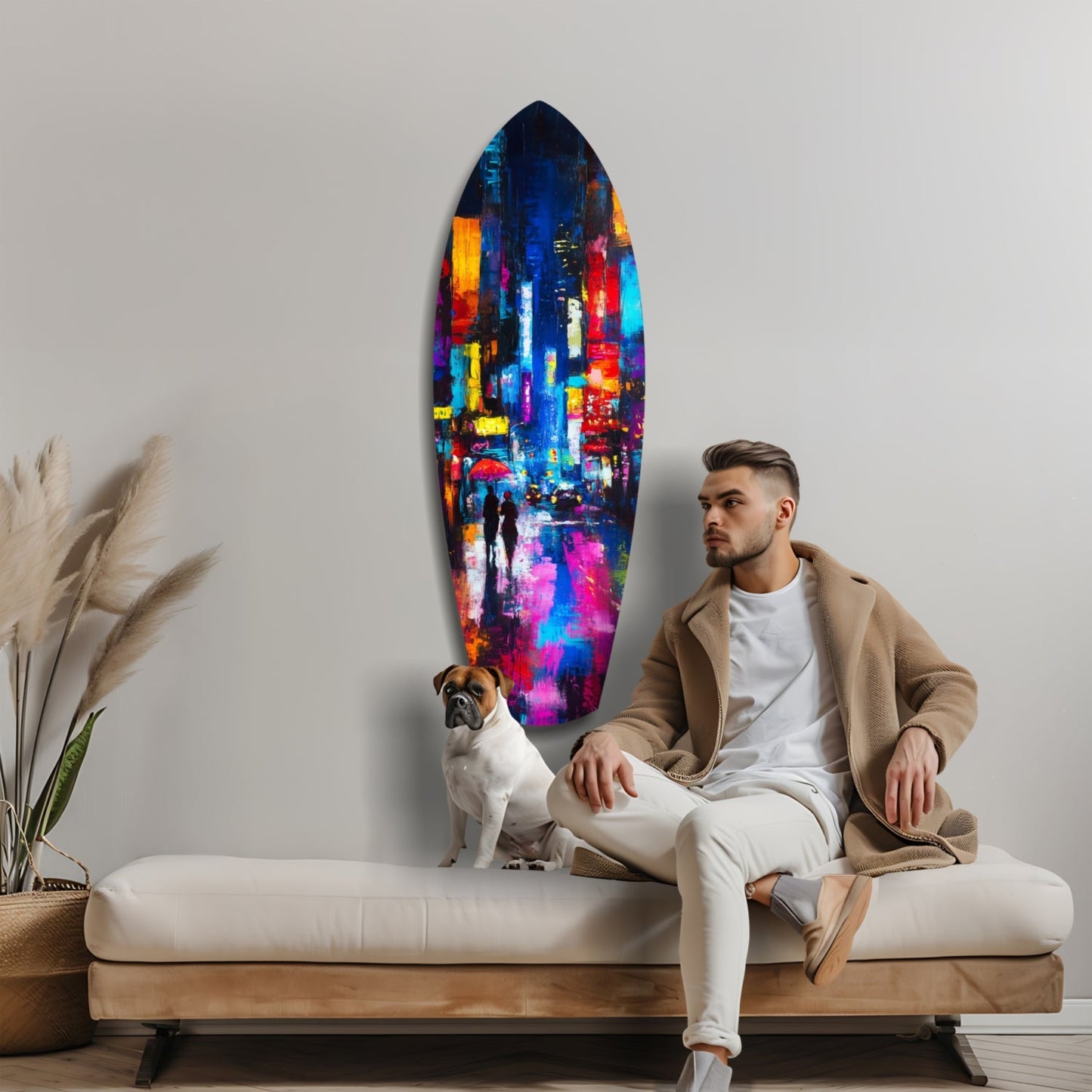 Under the City Glow: A Love in the Rain Glass Wall Art