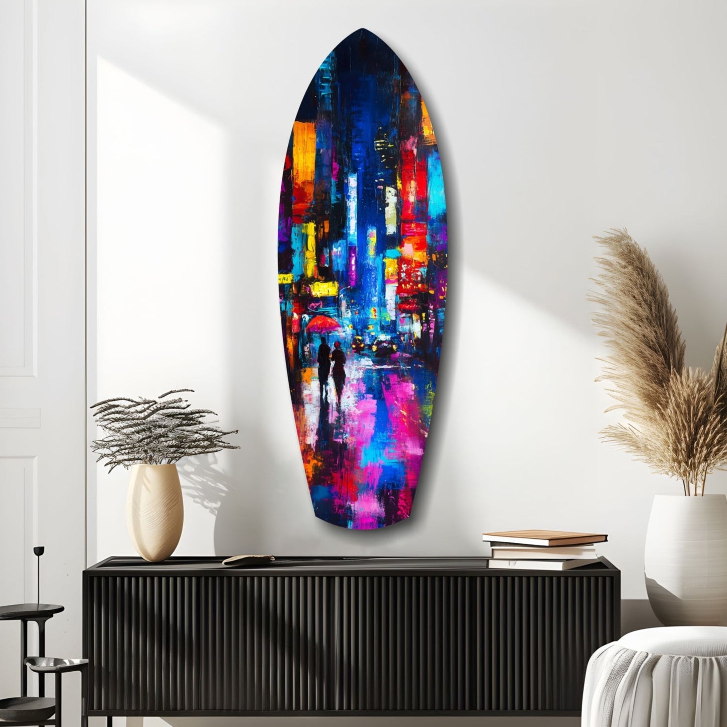 Under the City Glow: A Love in the Rain Glass Wall Art