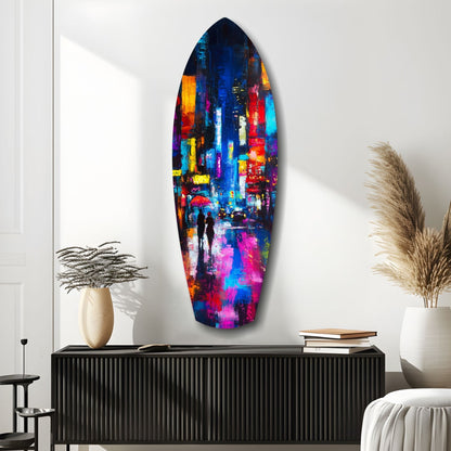 Under the City Glow: A Love in the Rain Glass Wall Art