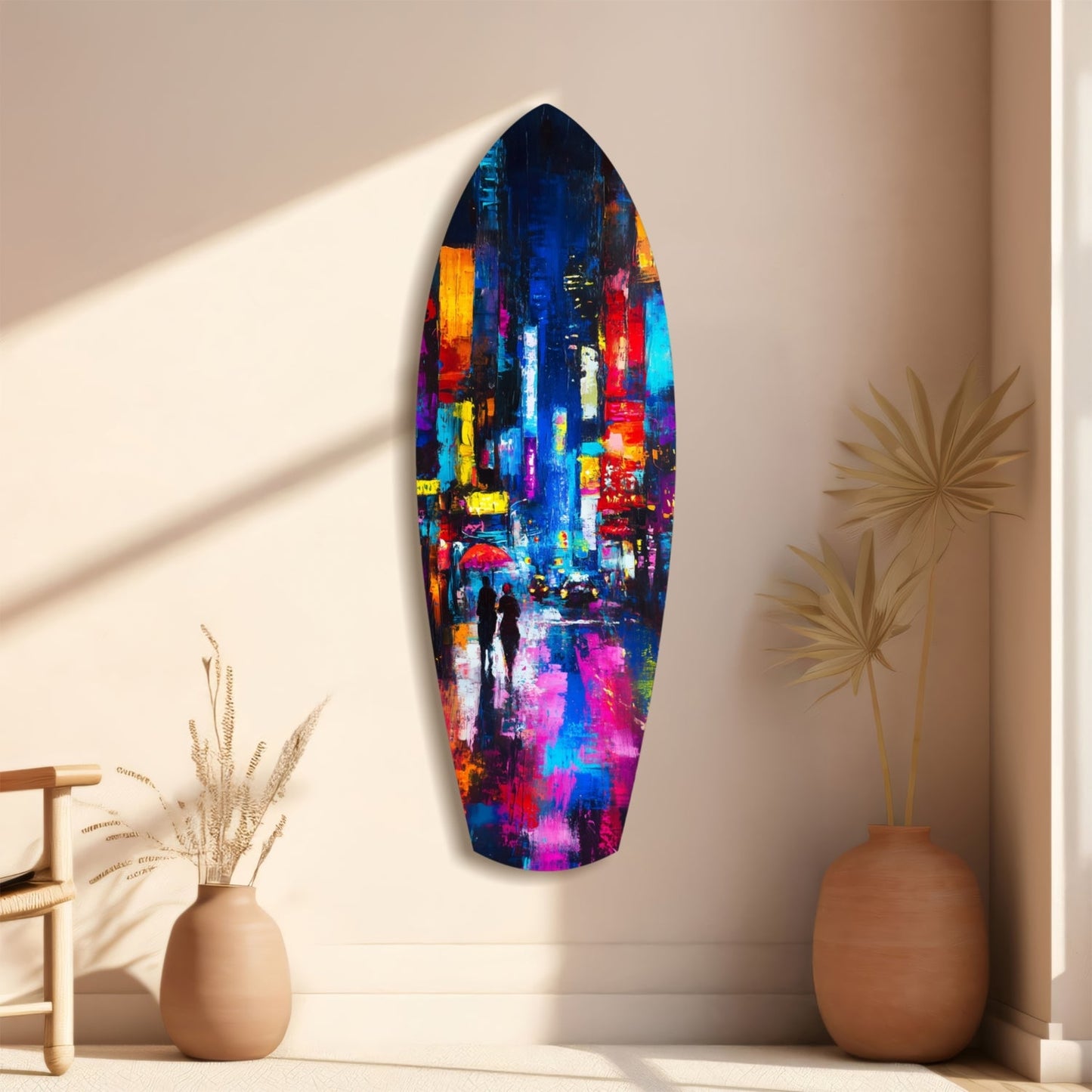 Under the City Glow: A Love in the Rain Glass Wall Art