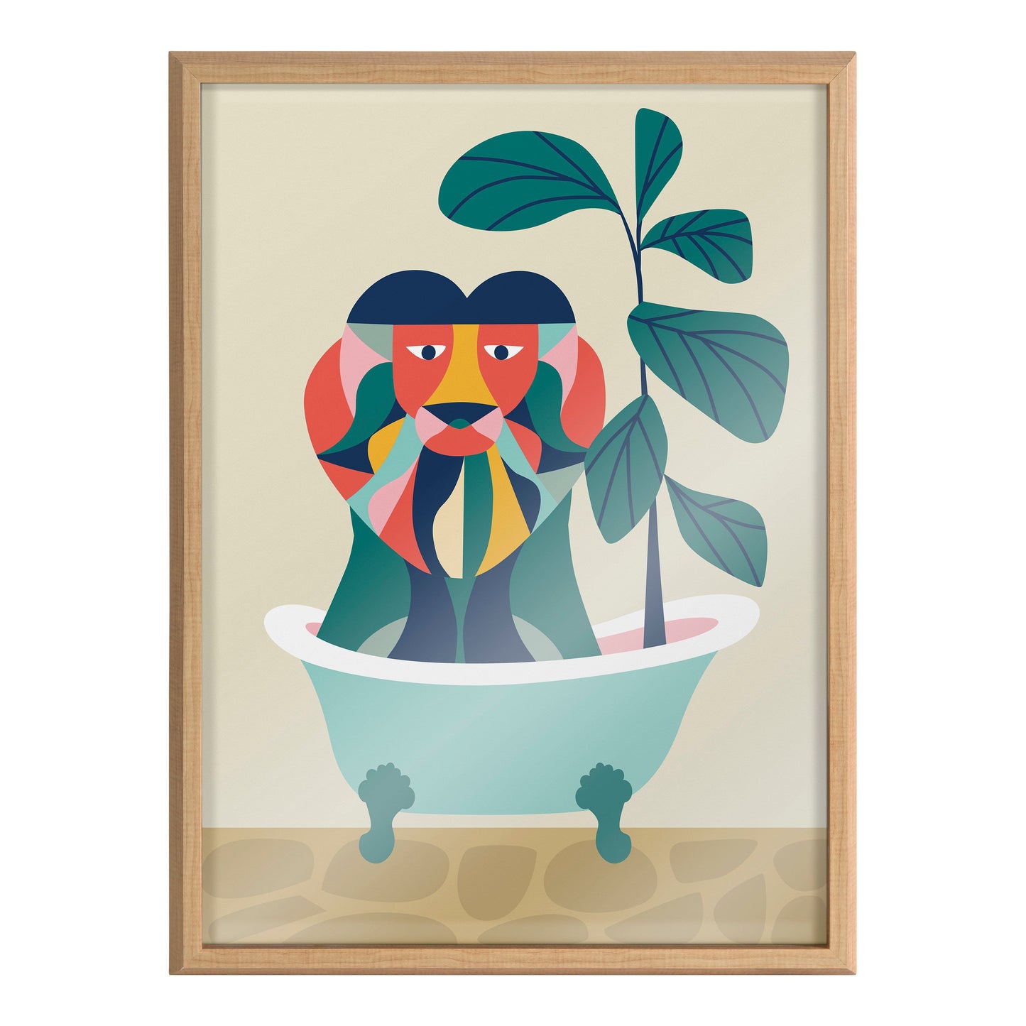 Mid Century Modern Lion in Bathtub Framed Glass Wall Art