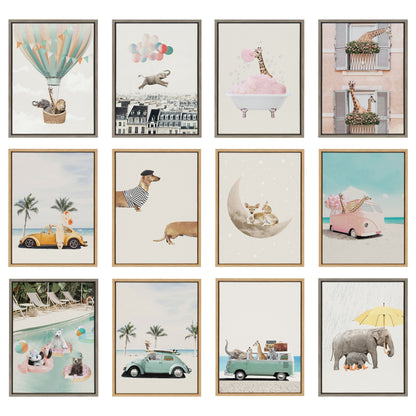 Happy Elephant in Paris Framed Canvas Wall Art Print
