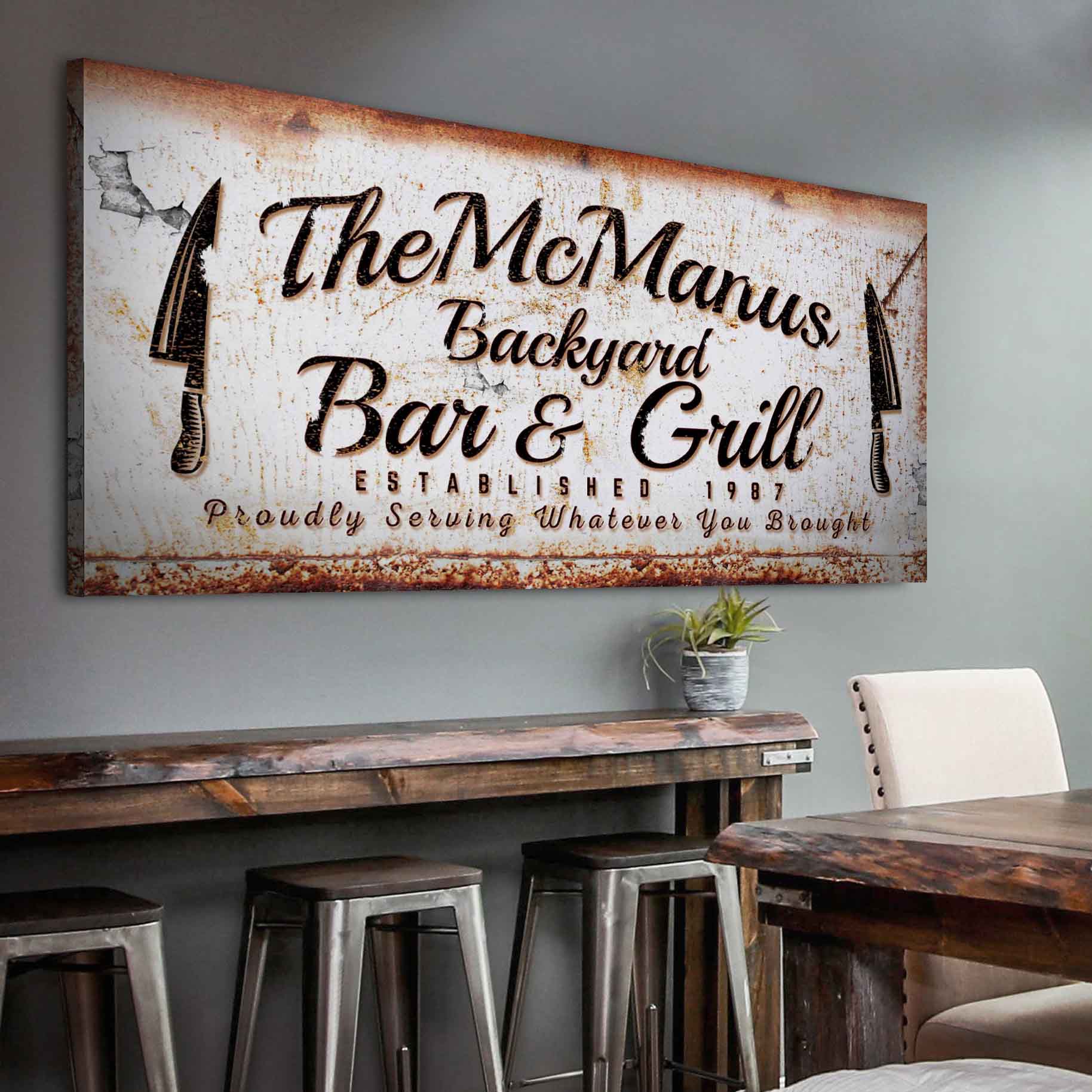 Rustic backyard bar and grill canvas sign