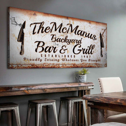 Rustic backyard bar and grill canvas sign