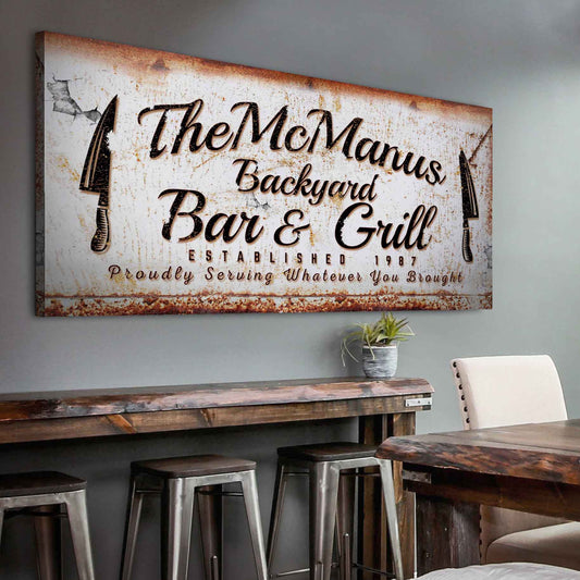 Rustic backyard bar and grill canvas sign