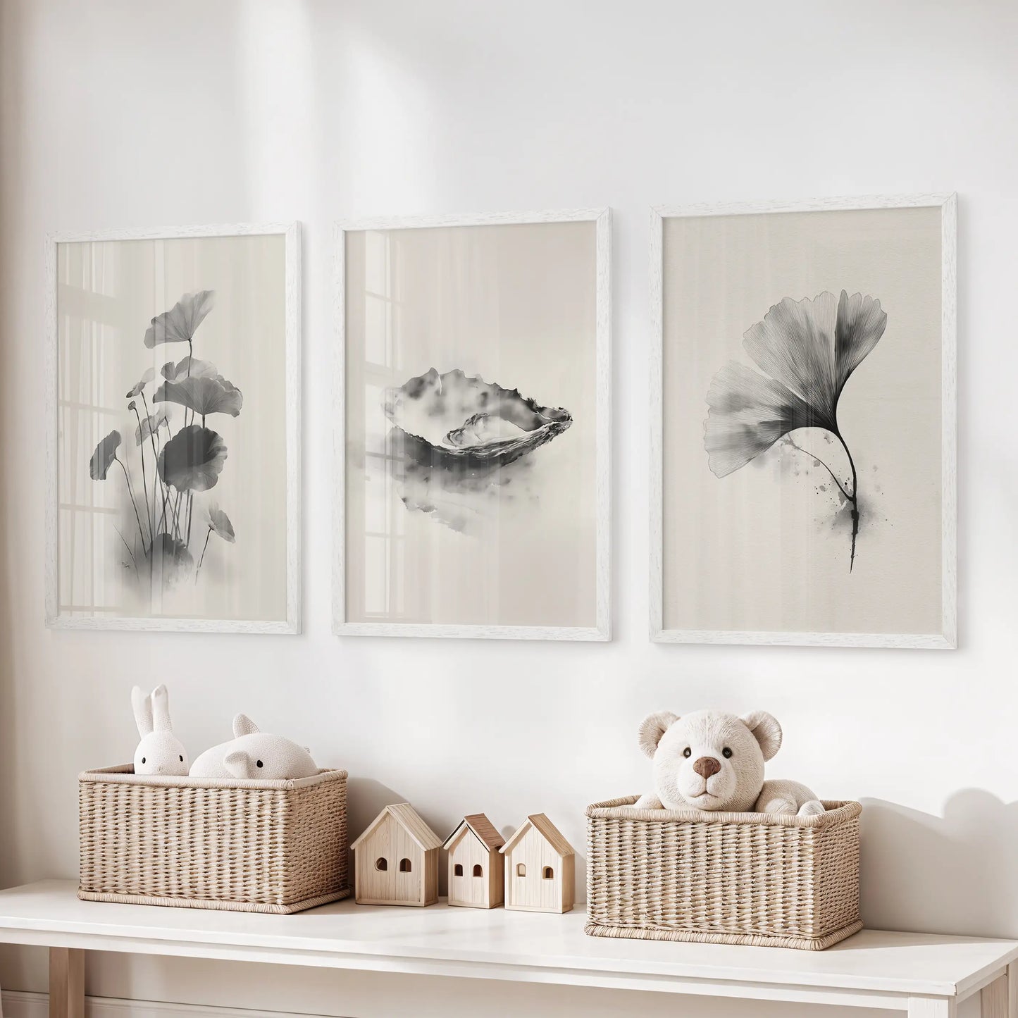 Japanese Botanical Wall Art Set of 3 Black and White Flowers