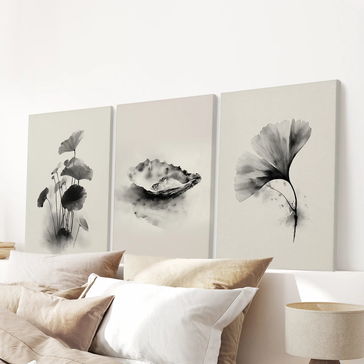 Japanese Botanical Wall Art Set of 3 Black and White Flowers
