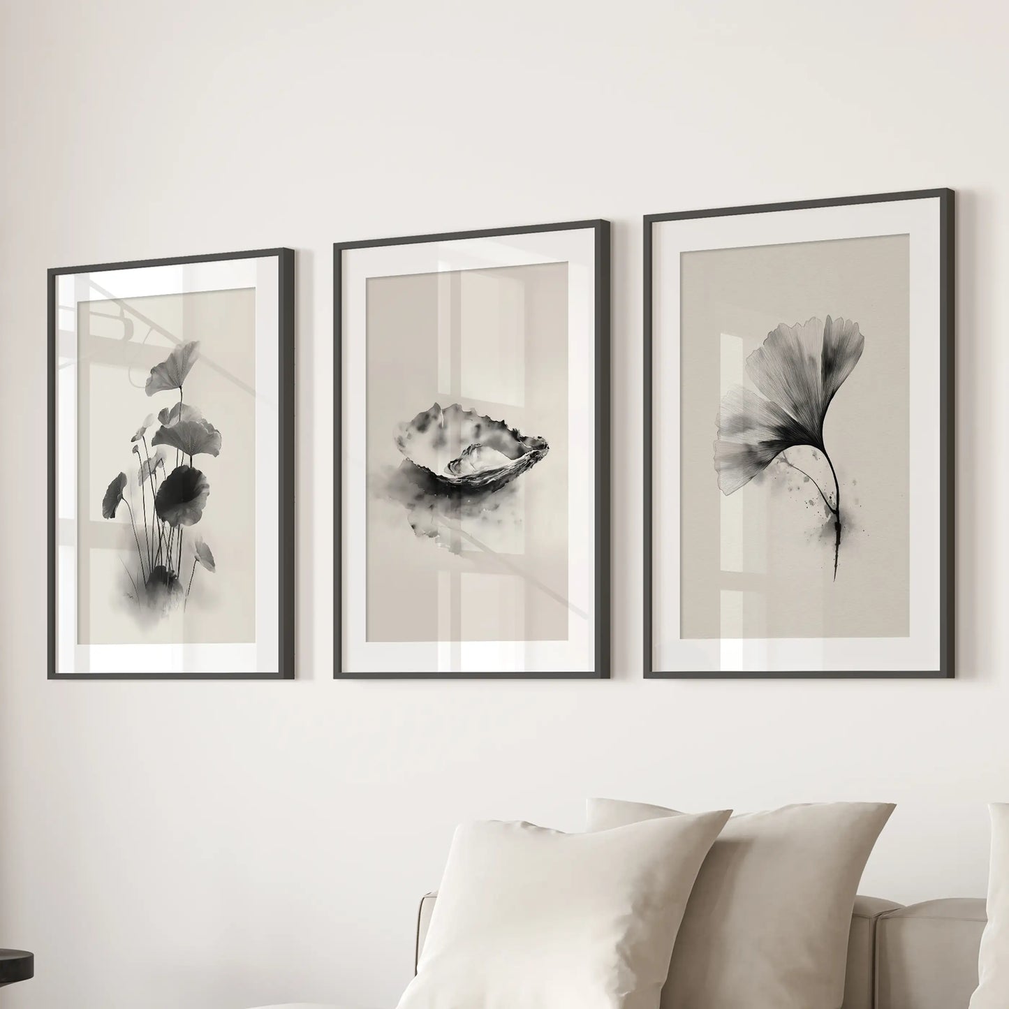 Japanese Botanical Wall Art Set of 3 Black and White Flowers