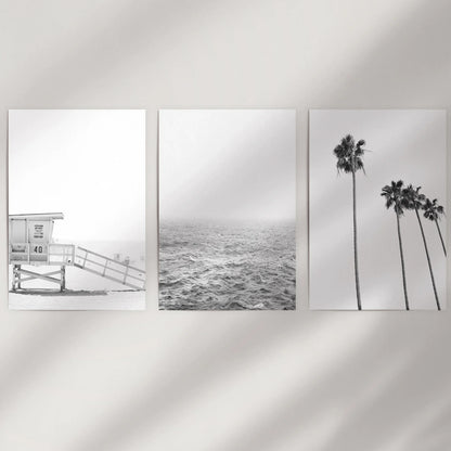 Black and White Coastal Wall Art Set of 3 (Unframed)