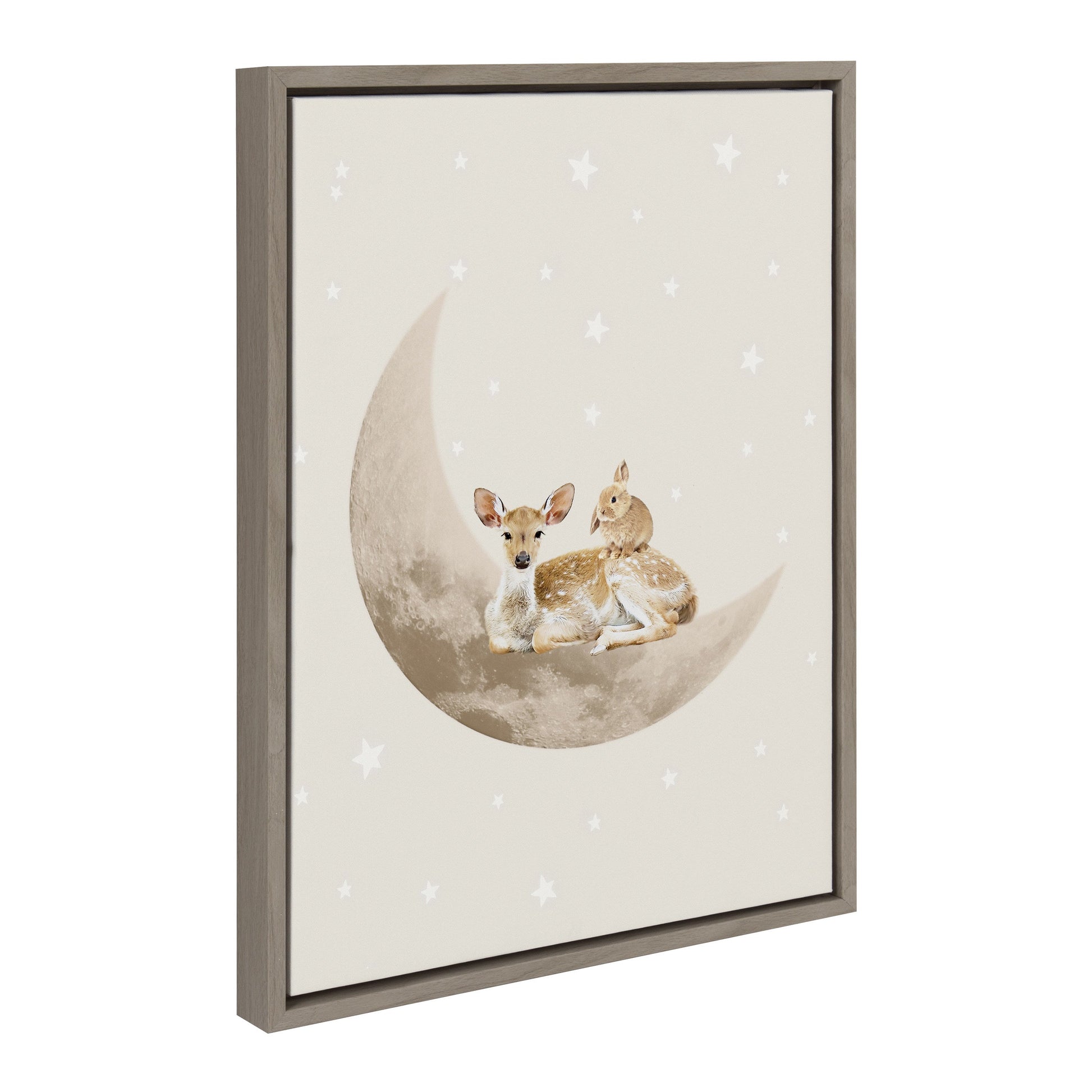 Animals gathered under a crescent moon, dreamy nursery canvas wall art