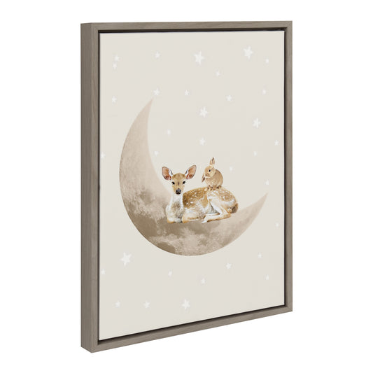 Animals gathered under a crescent moon, dreamy nursery canvas wall art