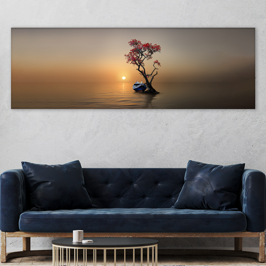Lone tree landscape canvas wall art in muted tones hanging on a wall