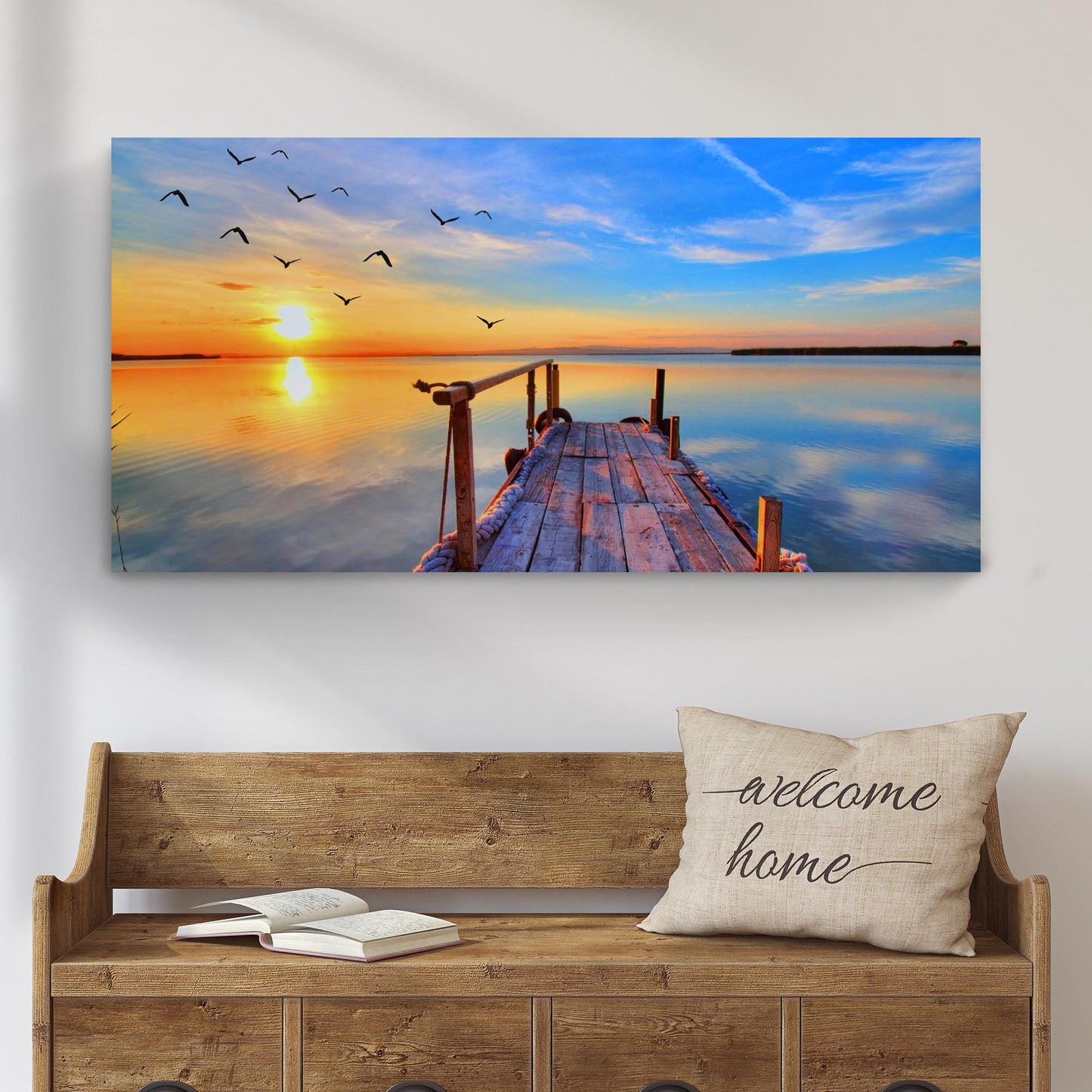 Dock Sunset View personalized rustic word-art coastal canvas wall art on a wall