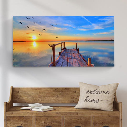 Dock Sunset View personalized rustic word-art coastal canvas wall art on a wall