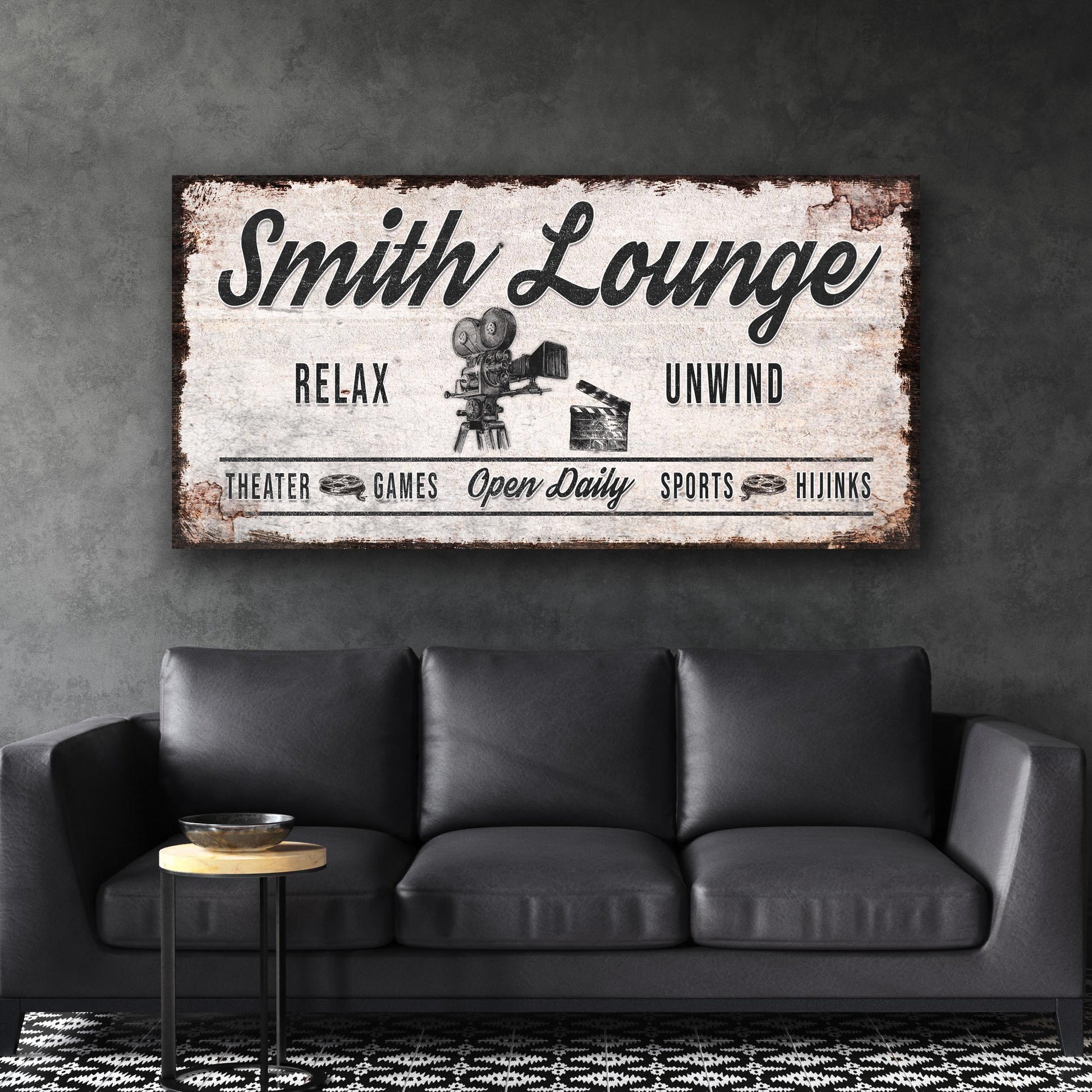 Relax unwind home theatre lounge personalized canvas sign with vintage word-art design