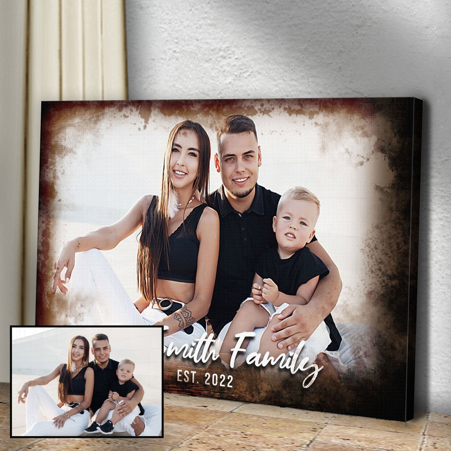 Family Portrait On Wood personalized rustic word-art canvas sign on a wall