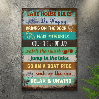 Lake House Rules personalized canvas sign with family name in rustic word art