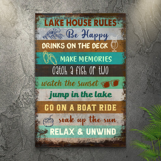 Lake House Rules personalized canvas sign with family name in rustic word art