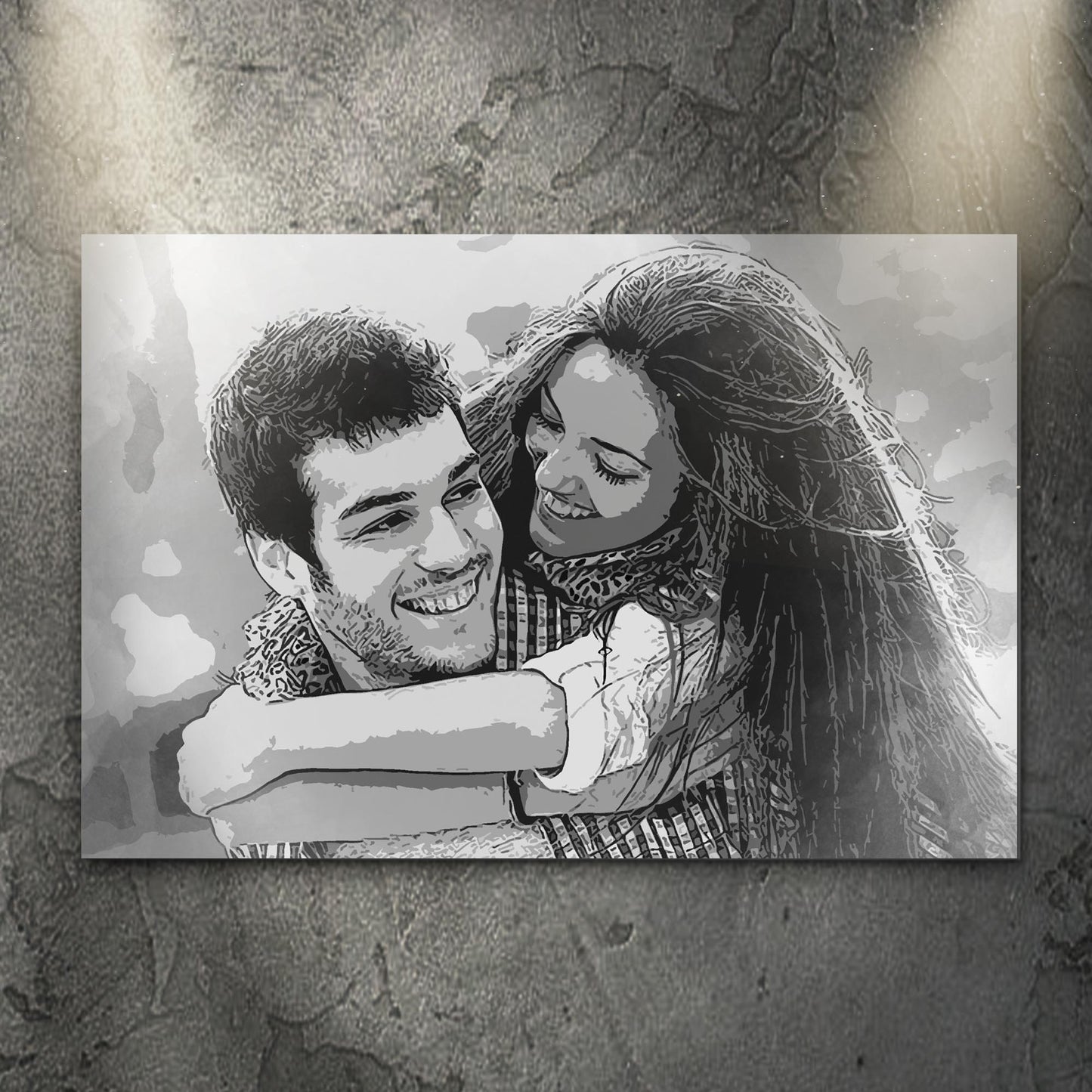 Personalized charcoal portrait of a couple with names on premium canvas wall sign