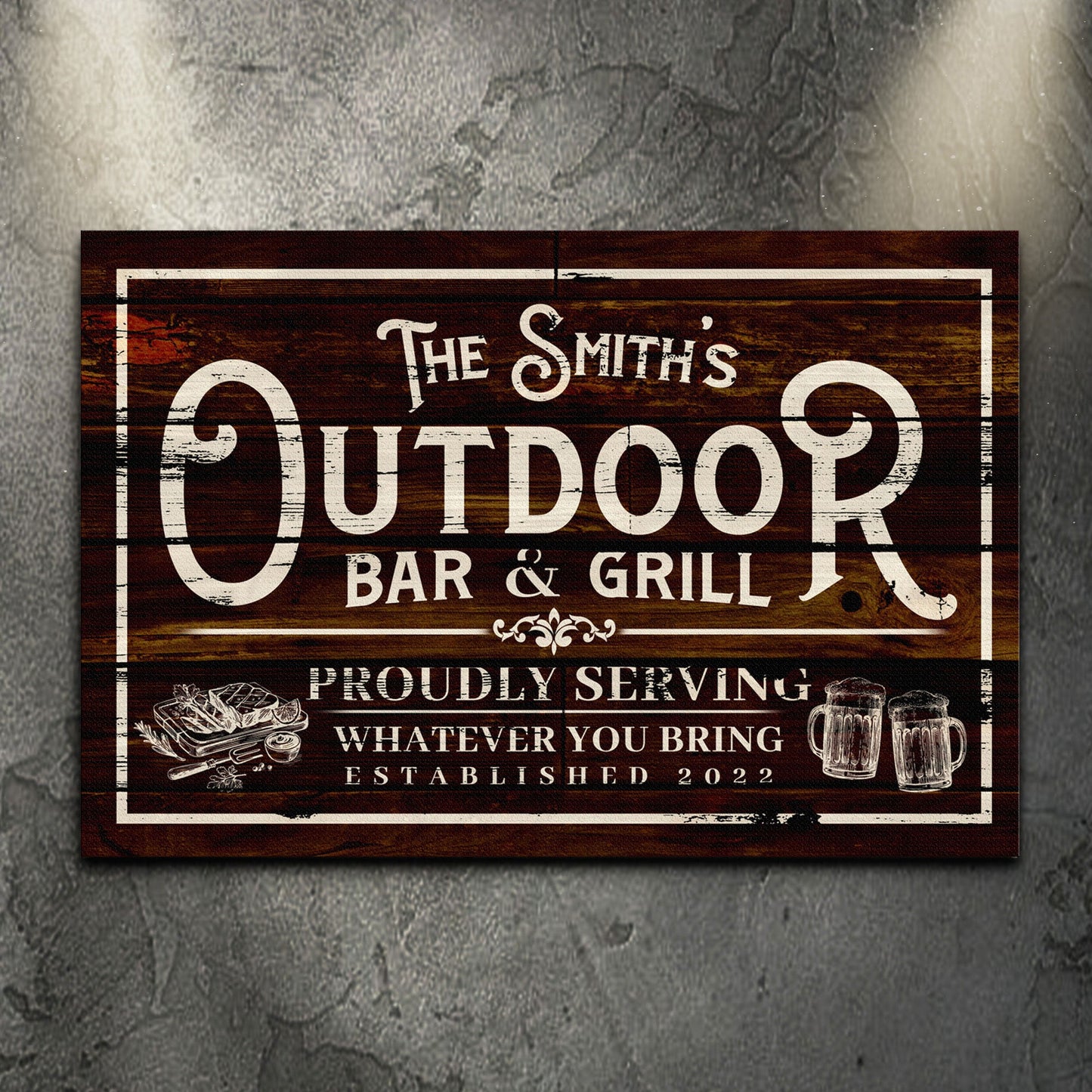 Personalized family outdoor bar and grill canvas sign with family name in rustic lettering