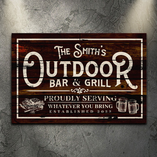 Personalized family outdoor bar and grill canvas sign with family name in rustic lettering
