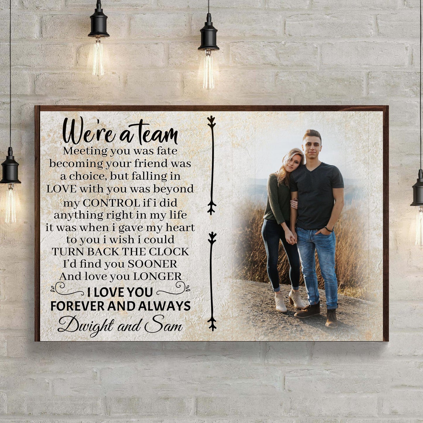 We're A Team personalized couple canvas sign with names and date in rustic word art