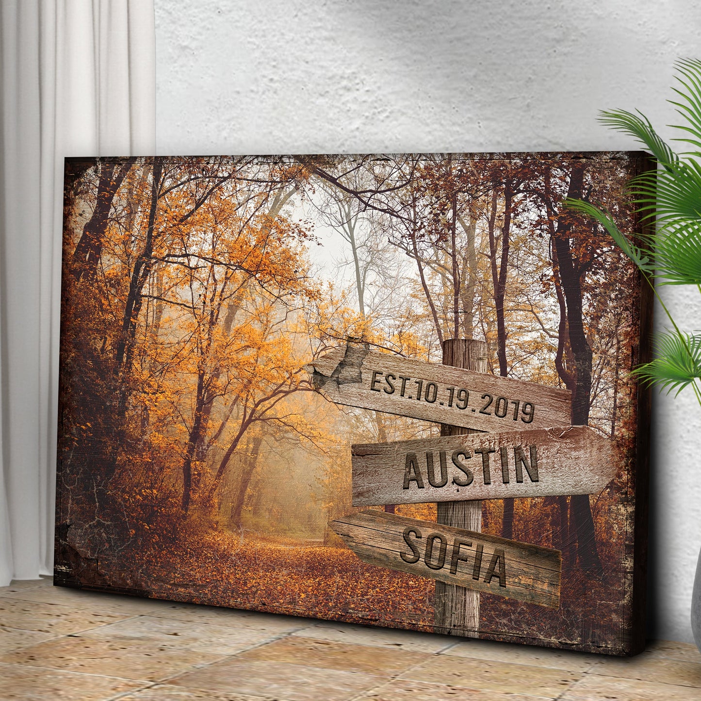 Autumn Road Couple Name Canvas Sign