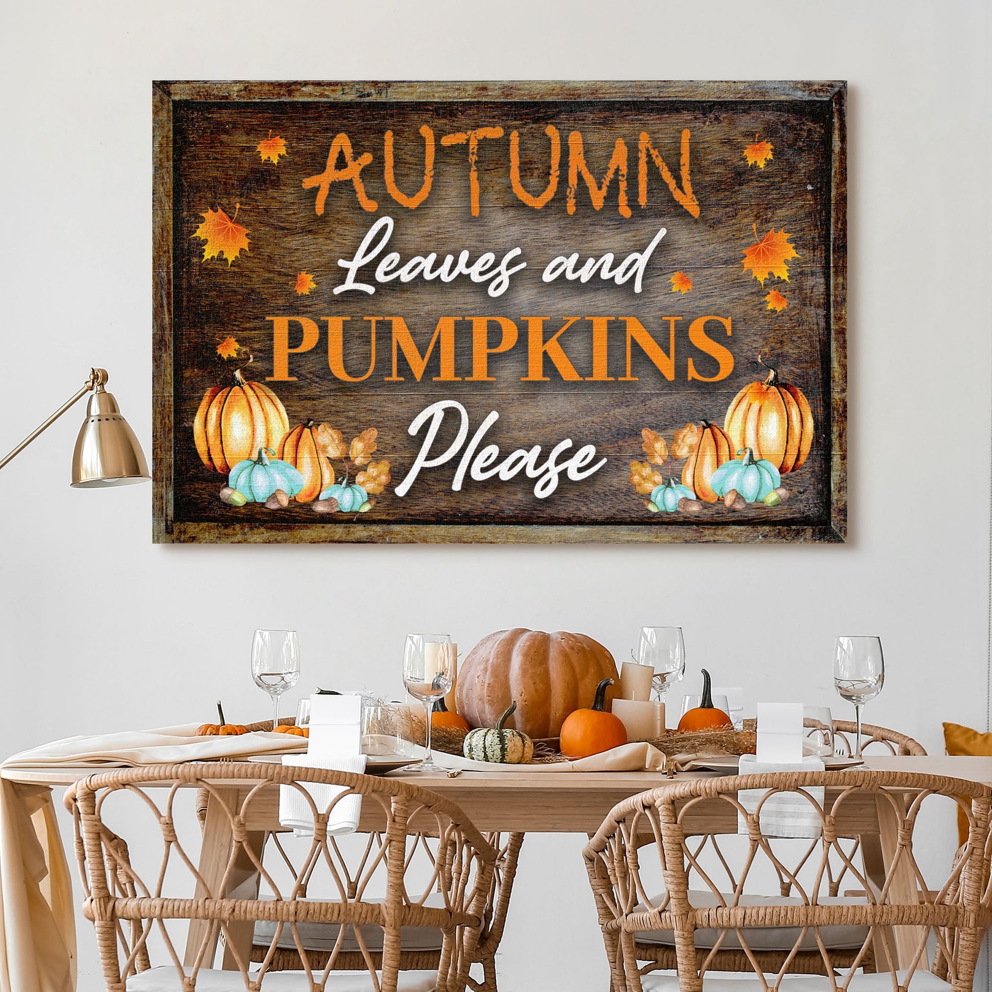 Autumn leaves and pumpkins canvas sign