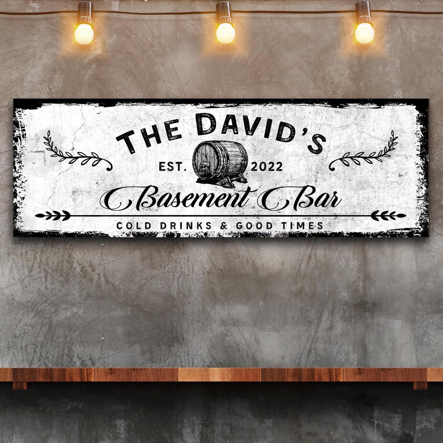 Personalized basement bar barrel canvas sign with rustic word-art design