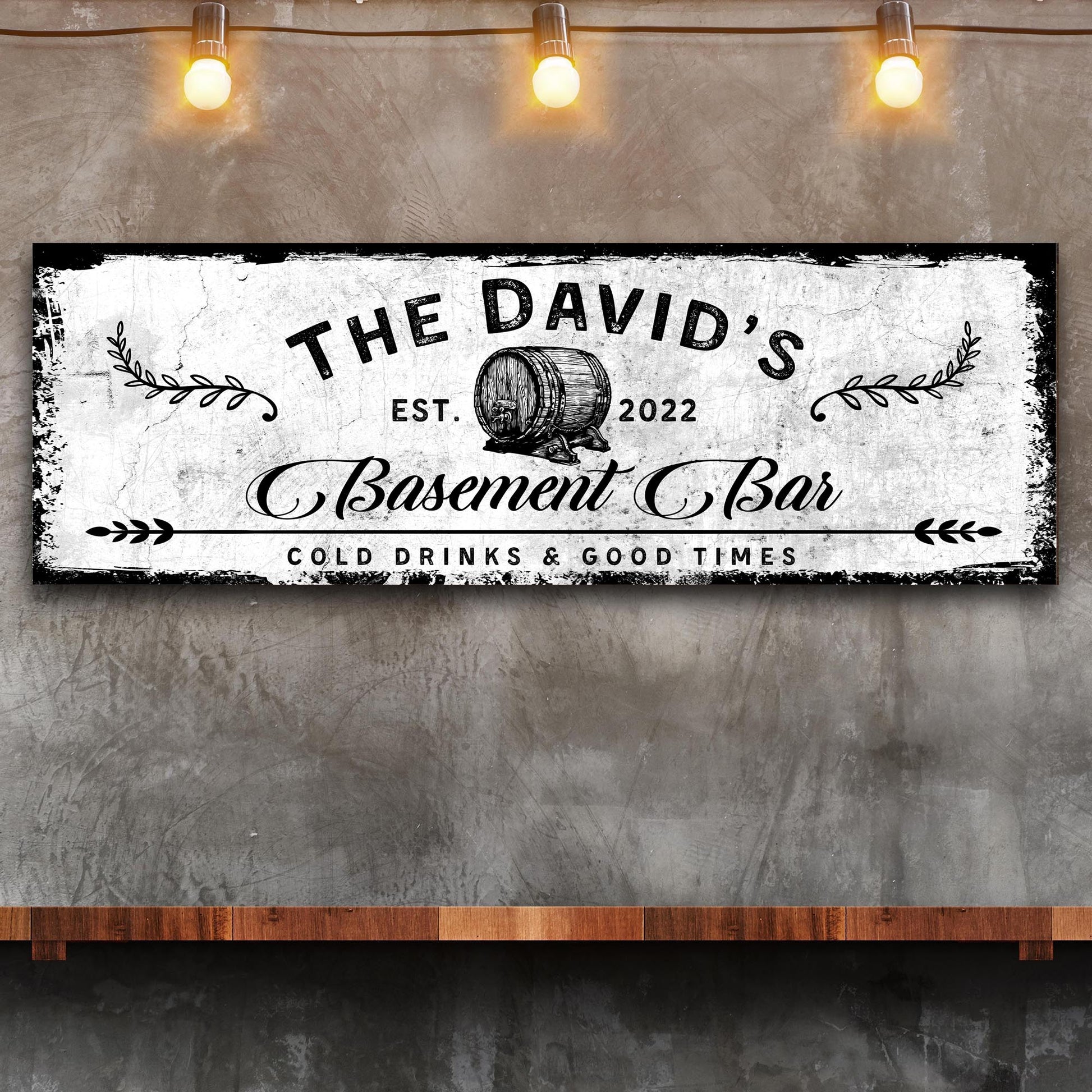 Personalized basement bar barrel canvas sign with rustic word-art design