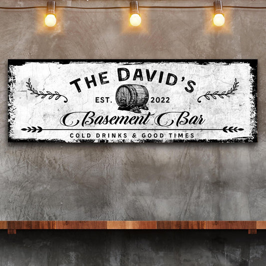Personalized basement bar barrel canvas sign with rustic word-art design