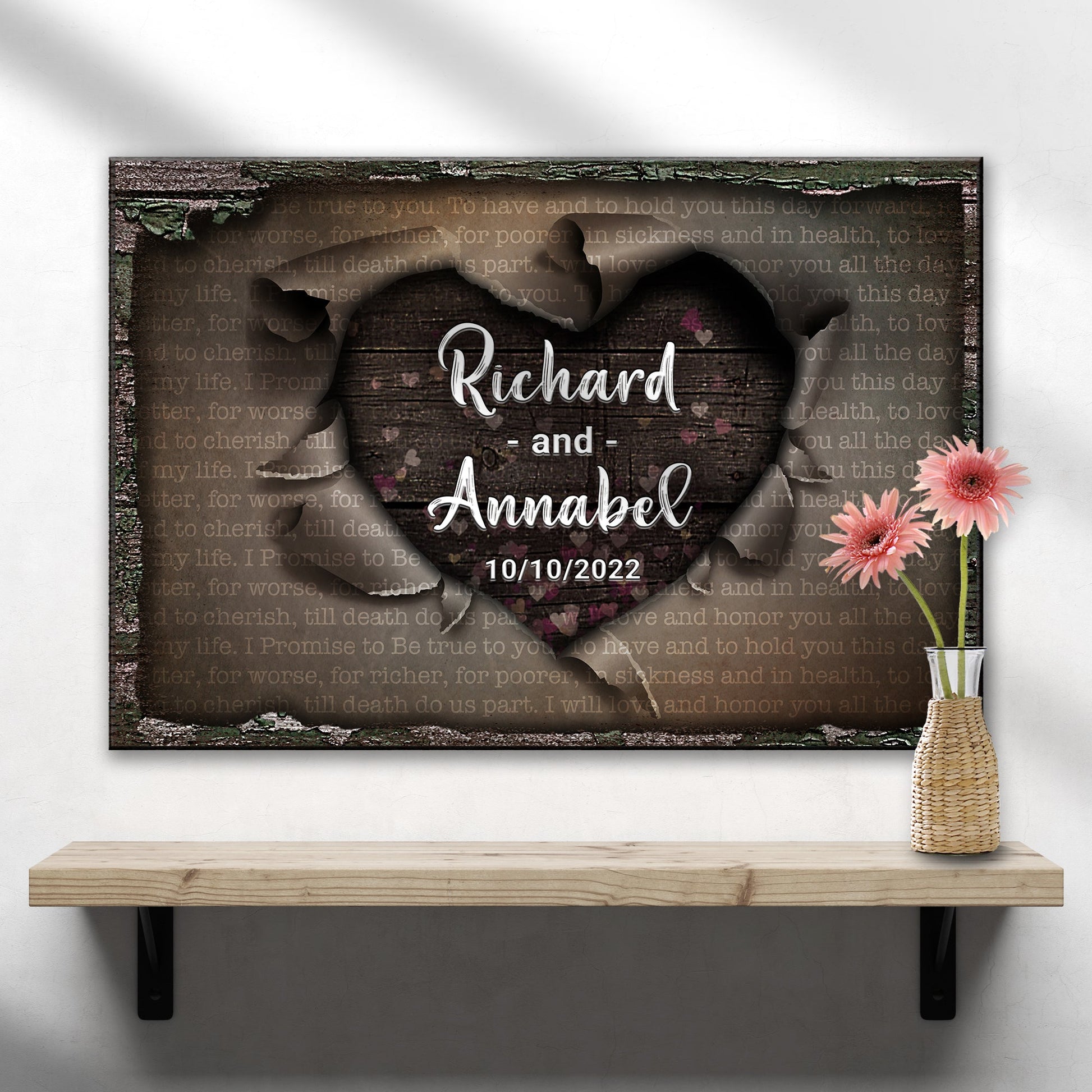 Personalized Unwrapped Heart wedding vows rustic word-art canvas sign