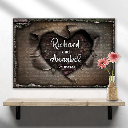 Personalized Unwrapped Heart wedding vows rustic word-art canvas sign
