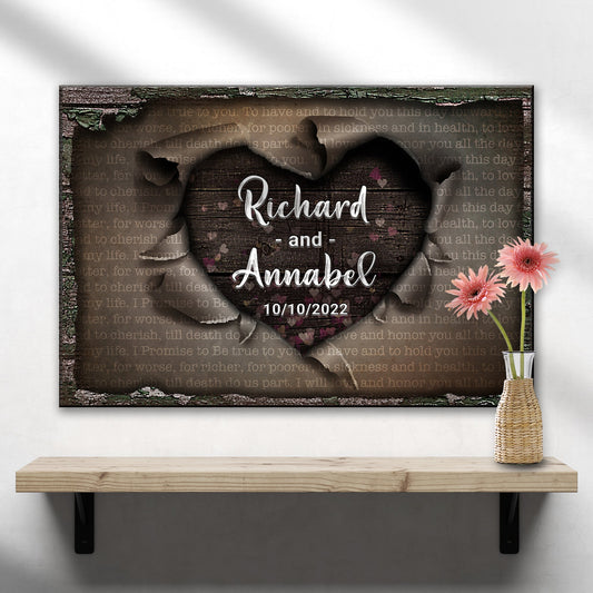 Personalized Unwrapped Heart wedding vows rustic word-art canvas sign