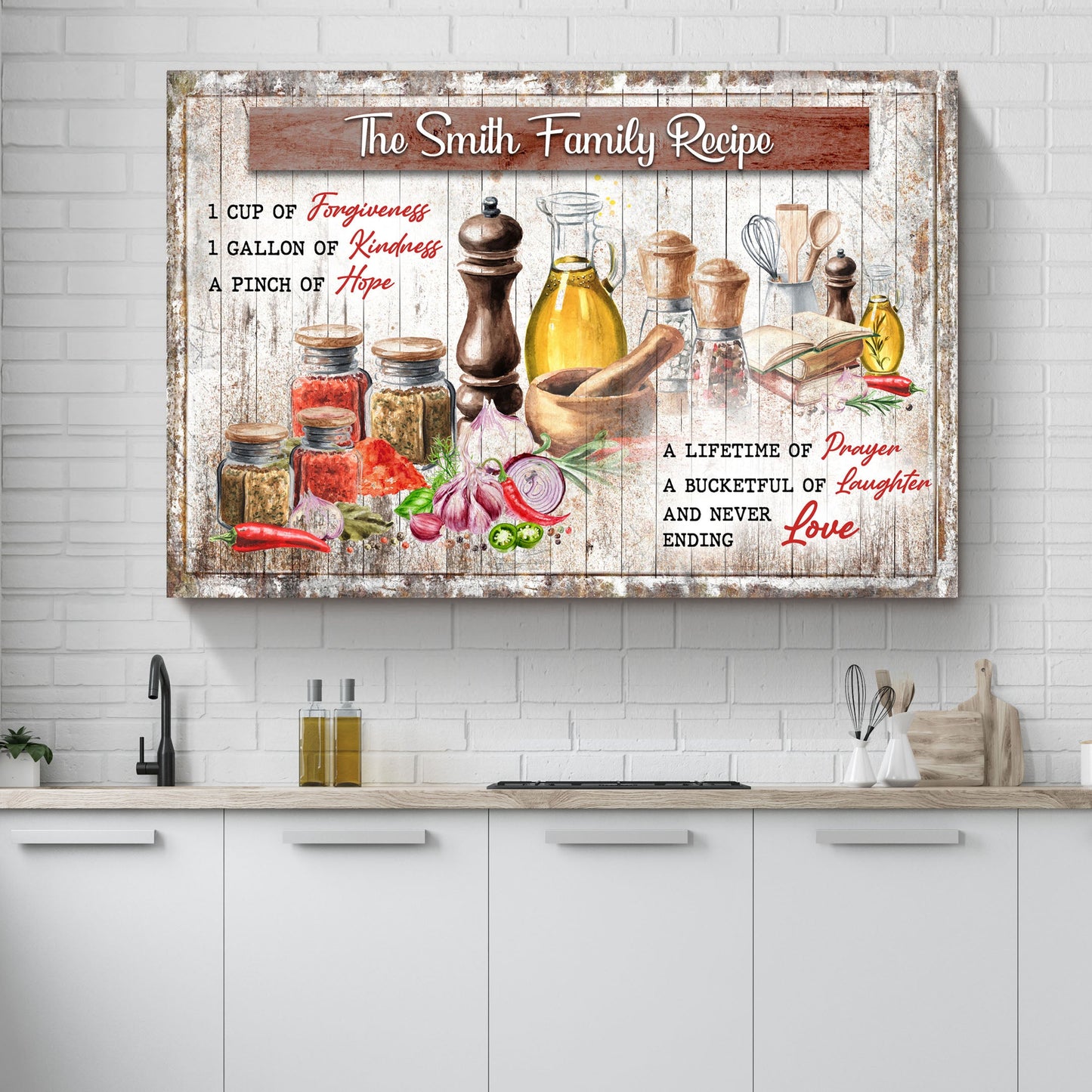 The Family Recipe personalized kitchen canvas sign with family name in rustic word art